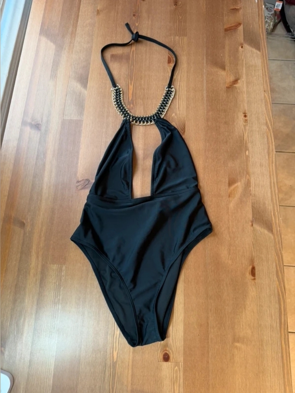 Black One-Piece Swimsuit with Gold Chain Halter
